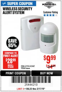 Harbor Freight Coupon WIRELESS SECURITY ALERT SYSTEM Lot No. 61910 / 62447 / 90368 Expired: 3/17/19 - $9.99