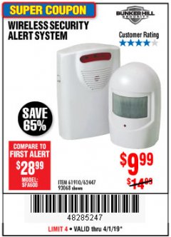 Harbor Freight Coupon WIRELESS SECURITY ALERT SYSTEM Lot No. 61910/62447/90368 Expired: 4/1/19 - $9.99