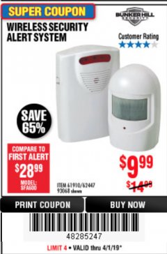 Harbor Freight Coupon WIRELESS SECURITY ALERT SYSTEM Lot No. 61910 / 62447 / 90368 Expired: 4/1/19 - $9.99