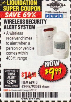 Harbor Freight Coupon WIRELESS SECURITY ALERT SYSTEM Lot No. 61910 / 62447 / 90368 Expired: 3/31/19 - $9.99