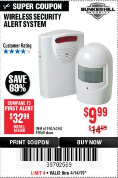 Harbor Freight Coupon WIRELESS SECURITY ALERT SYSTEM Lot No. 61910 / 62447 / 90368 Expired: 4/14/19 - $9.99