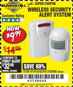 Harbor Freight Coupon WIRELESS SECURITY ALERT SYSTEM Lot No. 61910 / 62447 / 90368 Expired: 8/11/19 - $9.99