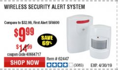 Harbor Freight Coupon WIRELESS SECURITY ALERT SYSTEM Lot No. 61910/62447/90368 Expired: 4/21/19 - $9.99