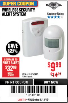 Harbor Freight Coupon WIRELESS SECURITY ALERT SYSTEM Lot No. 61910 / 62447 / 90368 Expired: 5/13/19 - $9.99
