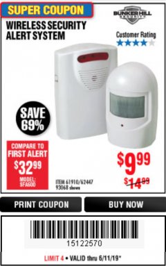 Harbor Freight Coupon WIRELESS SECURITY ALERT SYSTEM Lot No. 61910/62447/90368 Expired: 6/11/19 - $9.99