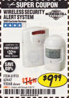 Harbor Freight Coupon WIRELESS SECURITY ALERT SYSTEM Lot No. 61910 / 62447 / 90368 Expired: 6/30/19 - $9.99