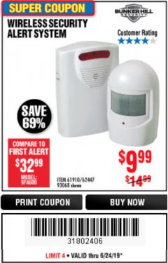 Harbor Freight Coupon WIRELESS SECURITY ALERT SYSTEM Lot No. 61910 / 62447 / 90368 Expired: 6/24/19 - $9.99