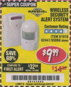 Harbor Freight Coupon WIRELESS SECURITY ALERT SYSTEM Lot No. 61910/62447/90368 Expired: 8/24/19 - $9.99
