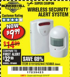 Harbor Freight Coupon WIRELESS SECURITY ALERT SYSTEM Lot No. 61910 / 62447 / 90368 Expired: 10/14/19 - $9.99