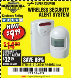 Harbor Freight Coupon WIRELESS SECURITY ALERT SYSTEM Lot No. 61910/62447/90368 Expired: 10/14/19 - $9.99