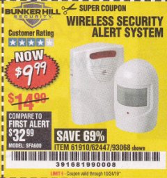Harbor Freight Coupon WIRELESS SECURITY ALERT SYSTEM Lot No. 61910 / 62447 / 90368 Expired: 10/24/19 - $9.99