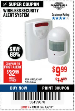 Harbor Freight Coupon WIRELESS SECURITY ALERT SYSTEM Lot No. 61910 / 62447 / 90368 Expired: 8/4/19 - $9.99