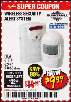 Harbor Freight Coupon WIRELESS SECURITY ALERT SYSTEM Lot No. 61910/62447/90368 Expired: 8/31/19 - $9.99