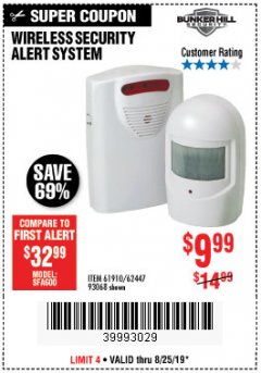 Harbor Freight Coupon WIRELESS SECURITY ALERT SYSTEM Lot No. 61910/62447/90368 Expired: 8/25/19 - $9.99