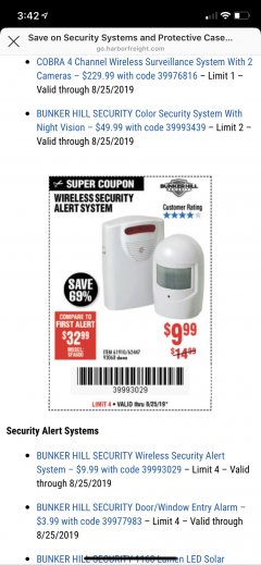 Harbor Freight Coupon WIRELESS SECURITY ALERT SYSTEM Lot No. 61910/62447/90368 Expired: 8/25/19 - $9.99