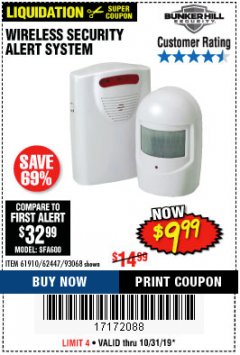 Harbor Freight Coupon WIRELESS SECURITY ALERT SYSTEM Lot No. 61910/62447/90368 Expired: 10/31/19 - $9.99