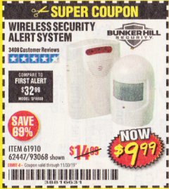 Harbor Freight Coupon WIRELESS SECURITY ALERT SYSTEM Lot No. 61910 / 62447 / 90368 Expired: 11/30/19 - $9.99