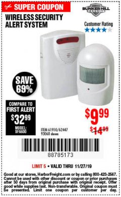 Harbor Freight Coupon WIRELESS SECURITY ALERT SYSTEM Lot No. 61910 / 62447 / 90368 Expired: 11/27/19 - $9.99