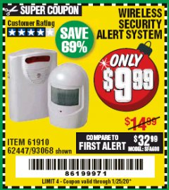 Harbor Freight Coupon WIRELESS SECURITY ALERT SYSTEM Lot No. 61910 / 62447 / 90368 Expired: 1/25/20 - $9.99