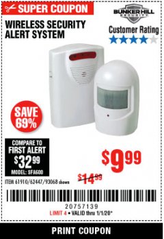 Harbor Freight Coupon WIRELESS SECURITY ALERT SYSTEM Lot No. 61910 / 62447 / 90368 Expired: 1/1/20 - $9.99