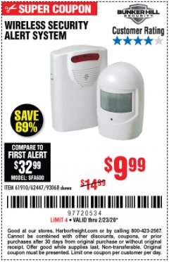 Harbor Freight Coupon WIRELESS SECURITY ALERT SYSTEM Lot No. 61910 / 62447 / 90368 Expired: 2/23/20 - $9.99
