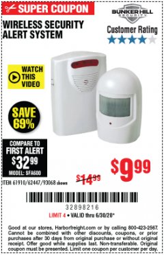 Harbor Freight Coupon WIRELESS SECURITY ALERT SYSTEM Lot No. 61910 / 62447 / 90368 Expired: 6/30/20 - $9.99