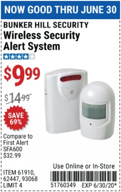 Harbor Freight Coupon WIRELESS SECURITY ALERT SYSTEM Lot No. 61910 / 62447 / 90368 Expired: 6/30/20 - $9.99
