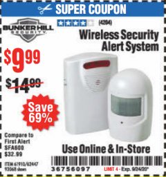 Harbor Freight Coupon WIRELESS SECURITY ALERT SYSTEM Lot No. 61910 / 62447 / 90368 Expired: 9/24/20 - $9.99