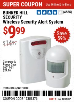 Harbor Freight Coupon WIRELESS SECURITY ALERT SYSTEM Lot No. 61910 / 62447 / 90368 Expired: 10/31/20 - $9.99
