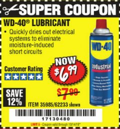 Harbor Freight Coupon 16 OZ WD-40 LUBRICANTS Lot No. 35985/62233 Expired: 10/14/19 - $6.99