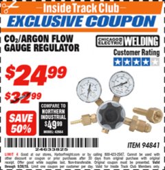 Harbor Freight ITC Coupon CO2/ARGON REGULATOR GAUGE Lot No. 94841 Expired: 9/30/18 - $24.99