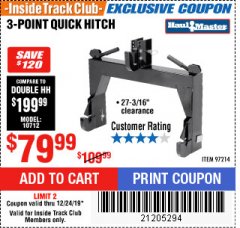 Harbor Freight ITC Coupon 3-POINT QUICK HITCH Lot No. 97214 Expired: 12/24/19 - $79.99