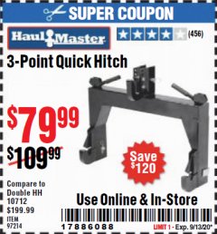 Harbor Freight Coupon 3-POINT QUICK HITCH Lot No. 97214 Expired: 9/13/20 - $79.99