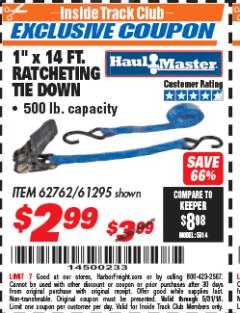 Harbor Freight ITC Coupon 1" X 14 FT. RATCHETING TIE DOWN Lot No. 62762/61295 Expired: 5/31/18 - $2.99