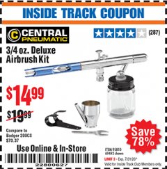 Harbor Freight ITC Coupon 3/4 OZ. DELUXE AIRBRUSH KIT Lot No. 69492/95810 Expired: 7/31/20 - $14.99