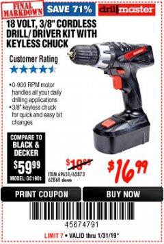 Harbor Freight Coupon 18 VOLT CORDLESS 3/8" DRILL/DRIVER WITH KEYLESS CHUCK Lot No. 68239/69651/62868/62873 Expired: 1/31/19 - $16.99