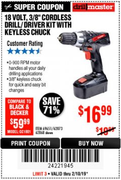 Harbor Freight Coupon 18 VOLT CORDLESS 3/8" DRILL/DRIVER WITH KEYLESS CHUCK Lot No. 68239/69651/62868/62873 Expired: 2/10/19 - $16.99