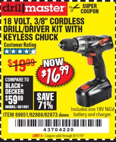 Harbor Freight Coupon 18 VOLT CORDLESS 3/8" DRILL/DRIVER WITH KEYLESS CHUCK Lot No. 68239/69651/62868/62873 Expired: 8/11/19 - $16.99