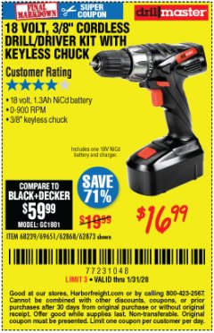 Harbor Freight Coupon 18 VOLT CORDLESS 3/8" DRILL/DRIVER WITH KEYLESS CHUCK Lot No. 68239/69651/62868/62873 Expired: 1/31/20 - $16.99