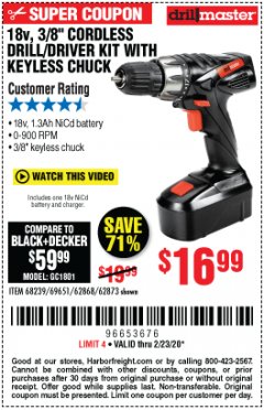 Harbor Freight Coupon 18 VOLT CORDLESS 3/8" DRILL/DRIVER WITH KEYLESS CHUCK Lot No. 68239/69651/62868/62873 Expired: 2/23/20 - $16.99