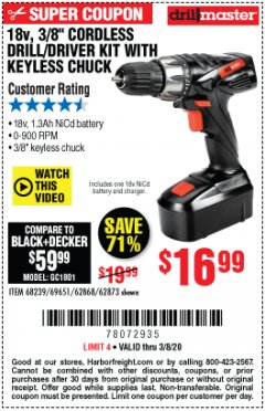 Harbor Freight Coupon 18 VOLT CORDLESS 3/8" DRILL/DRIVER WITH KEYLESS CHUCK Lot No. 68239/69651/62868/62873 Expired: 3/8/20 - $16.99