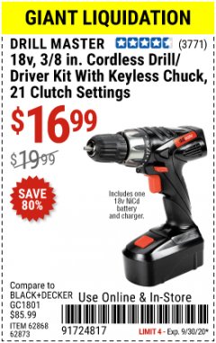 Harbor Freight Coupon 18 VOLT CORDLESS 3/8" DRILL/DRIVER WITH KEYLESS CHUCK Lot No. 68239/69651/62868/62873 Expired: 9/30/20 - $16.99