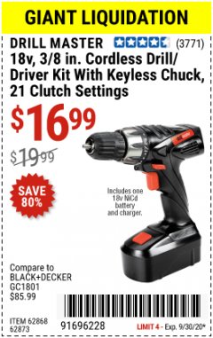 Harbor Freight Coupon 18 VOLT CORDLESS 3/8" DRILL/DRIVER WITH KEYLESS CHUCK Lot No. 68239/69651/62868/62873 Expired: 9/30/20 - $16.99