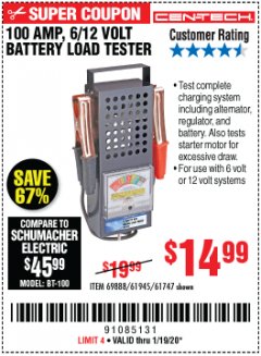 Harbor Freight Coupon 100 AMP 6/12 VOLT BATTERY LOAD TESTER Lot No. 90636/61747/61945/69888 Expired: 1/19/20 - $14.99