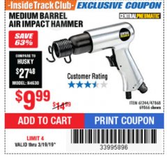 Harbor Freight ITC Coupon MEDIUM BARREL AIR IMPACT HAMMER  Lot No. 47868/61244/69866 Expired: 3/19/19 - $9.99