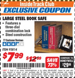 Harbor Freight ITC Coupon LARGE STEEL BOOK SAFE Lot No. 95814 Expired: 4/30/19 - $7.99