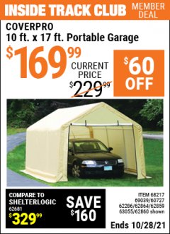 Harbor Freight ITC Coupon COVERPRO 10 FT. X 17 FT. PORTABLE GARAGE Lot No. 62859, 63055, 62860 Expired: 10/28/21 - $169.99