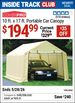 Harbor Freight ITC Coupon COVERPRO 10 FT. X 17 FT. PORTABLE CAR CANOPY Lot No. 62860 Valid Thru: 5/28/26 - $194.99