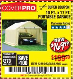 Harbor Freight Coupon COVERPRO 10 FT. X 17 FT. PORTABLE GARAGE Lot No. 62859, 63055, 62860 Expired: 10/15/18 - $169.99