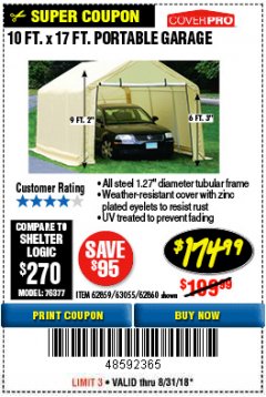 Harbor Freight Coupon COVERPRO 10 FT. X 17 FT. PORTABLE GARAGE Lot No. 62859, 63055, 62860 Expired: 8/31/18 - $174.99